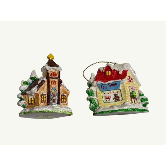 Russ Berrie Vintage Ceramic Christmas Ornaments Set Of 2 Church and Toy Shop - Picture 5 of 8